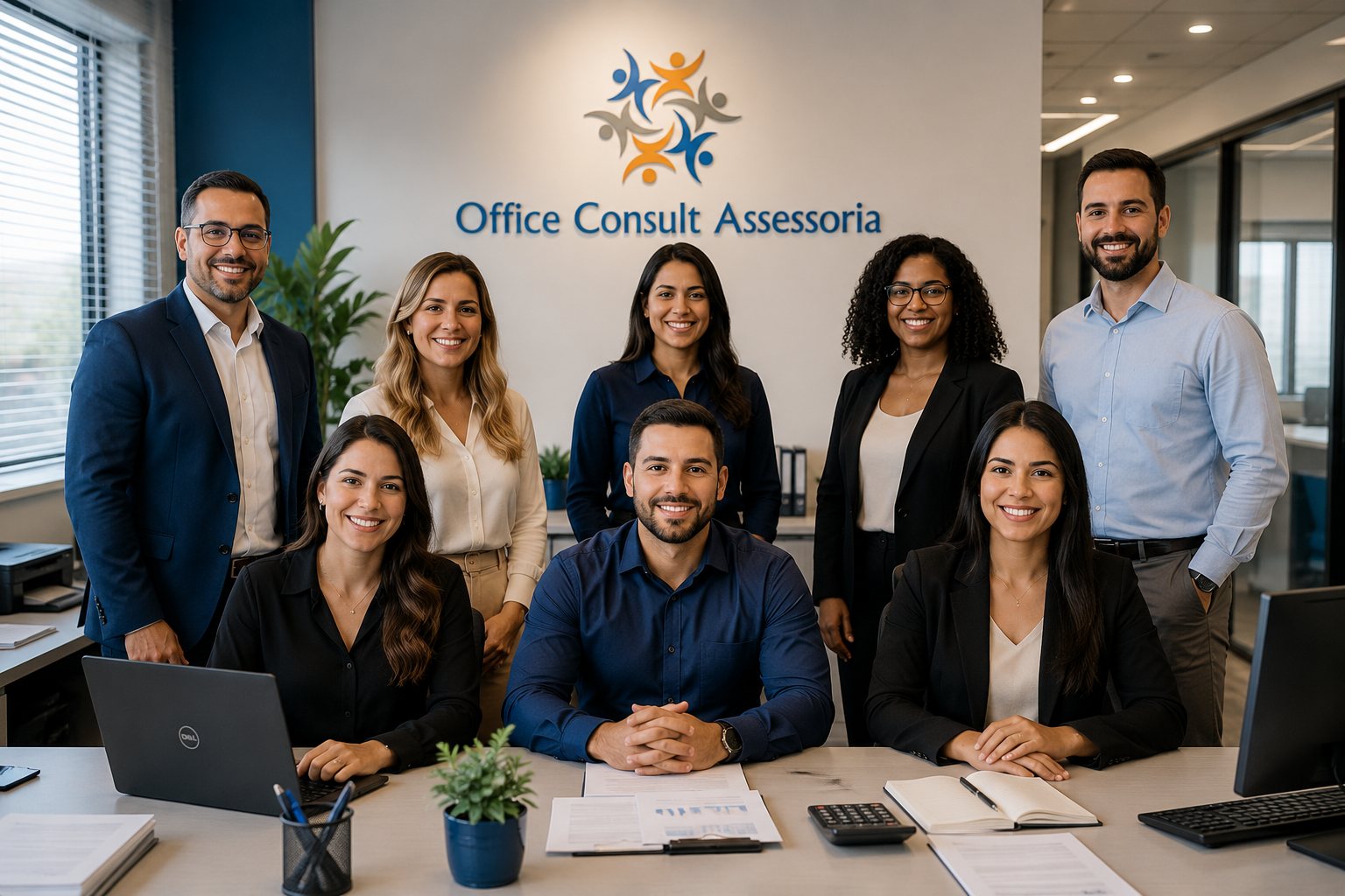 Equipe da Office Consult Assessoria no escritório, em Taboão da Serra